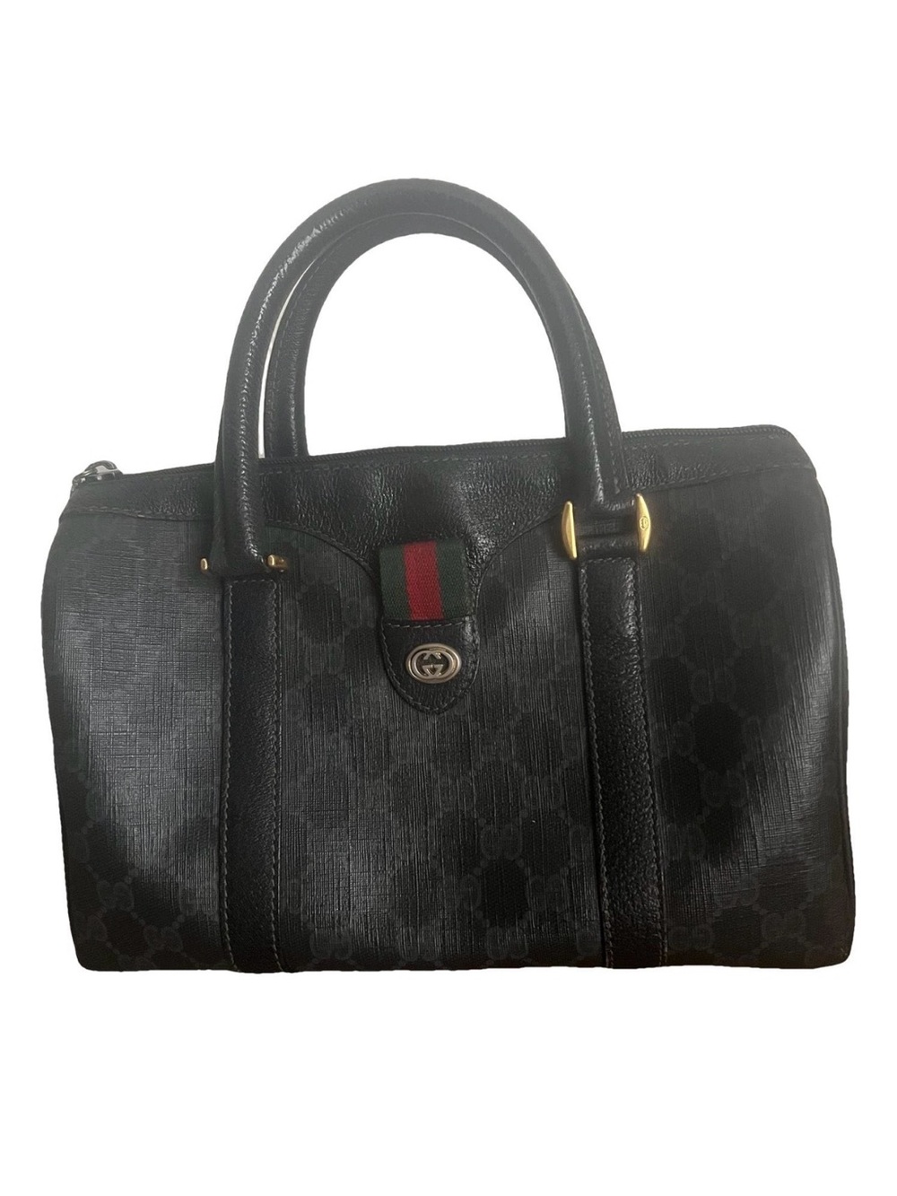 Gucci Black Monogram Canvas vintage boston with Green-Red Web